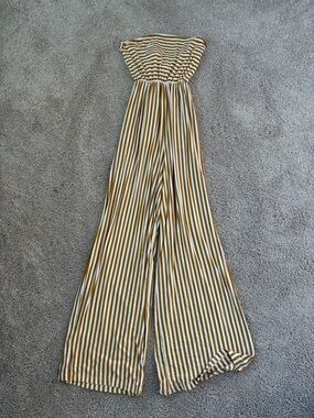 American Eagle Striped Strapless Wide-Leg Jumpsuit in Mustard, Ties in the back